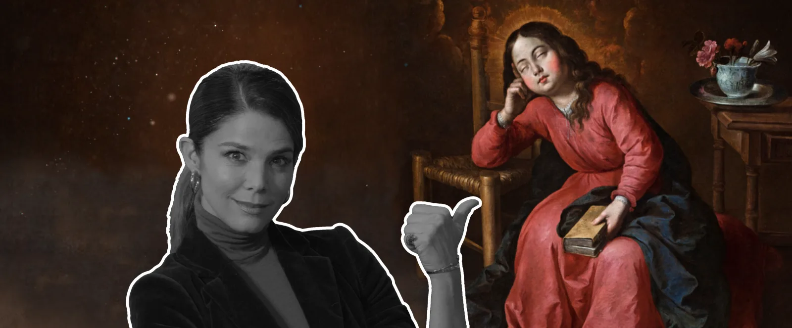 Fotograma de la serie: retrato junto a una pintura de la colección